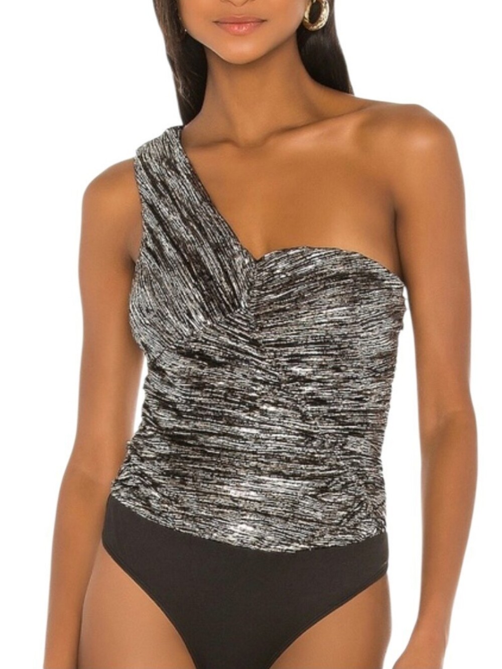 Lulu's One-Shoulder Black & Silver Ruched Bodysuit